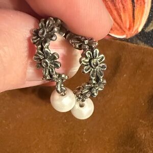 Floral Silver Earrings with Pearls
